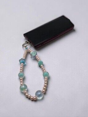 Handmade Pink and Blue Beaded Phone Charm Cute Colorful Strap Accessory